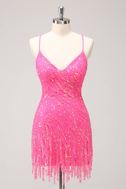 Sparkly Hot Pink Tight Short V-Neck Homecoming Dress with Fringes