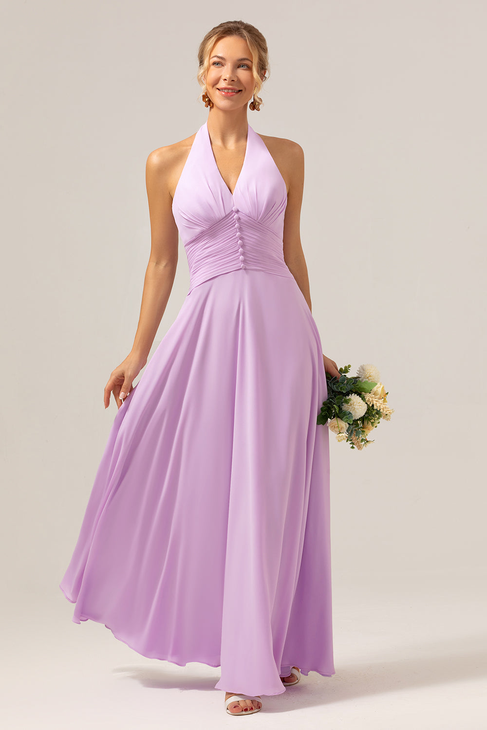 A Line Halter Chiffon Backless Long Purple Bridesmaid Dress