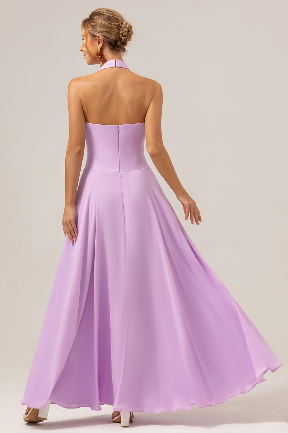 Purple A Line Halter Chiffon Long Bridesmaid Dress