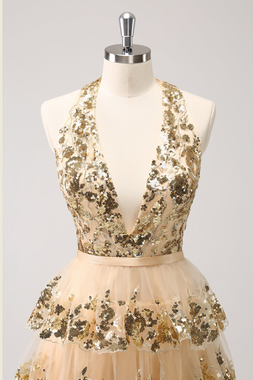 Sparkly Gold A-Line Halter Tiered Sequined Backless Short Homecoming Dress