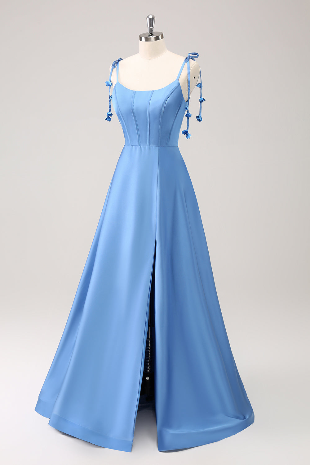 Blue A Line Spaghetti Straps Satin Floor Length Dress with Slit