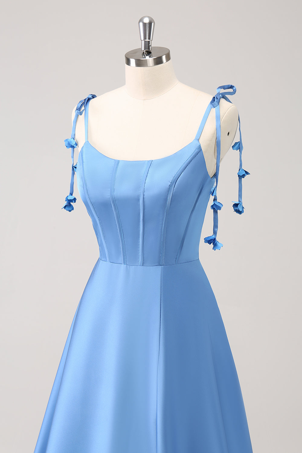 Blue A Line Spaghetti Straps Satin Floor Length Dress with Slit