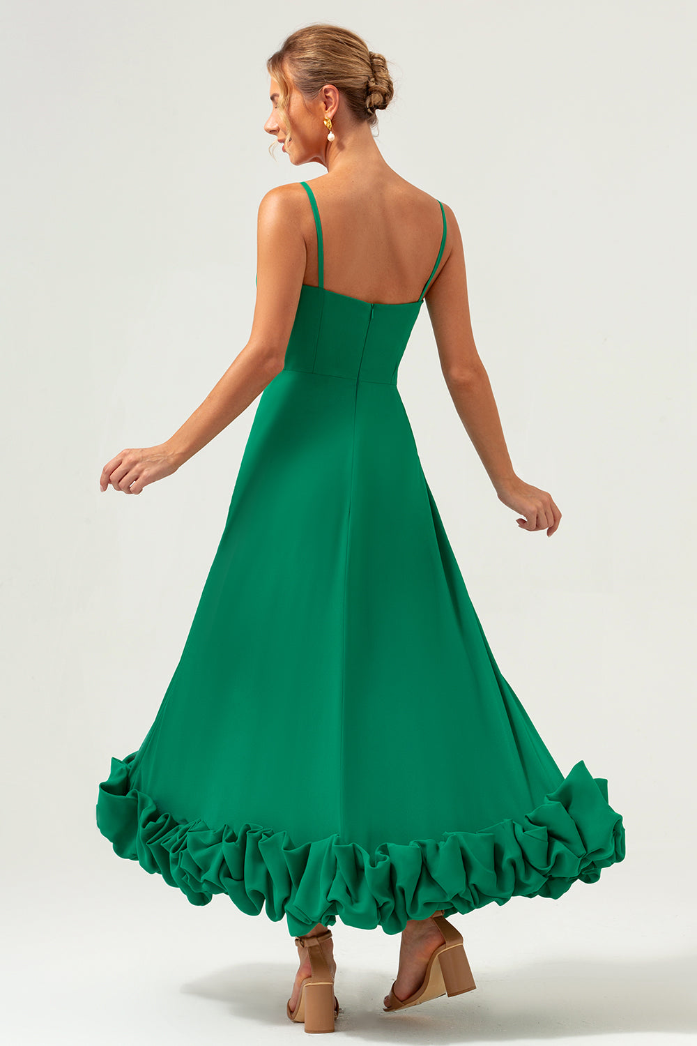 Elegant Green A Line Spaghetti Straps Chiffon Long Bridesmaid Dress