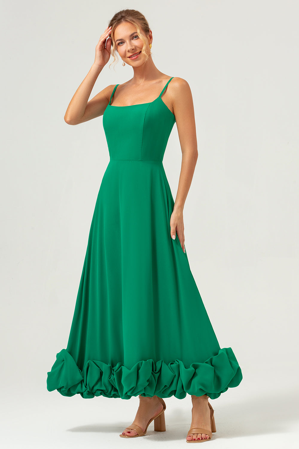 Elegant Green A Line Spaghetti Straps Chiffon Long Bridesmaid Dress