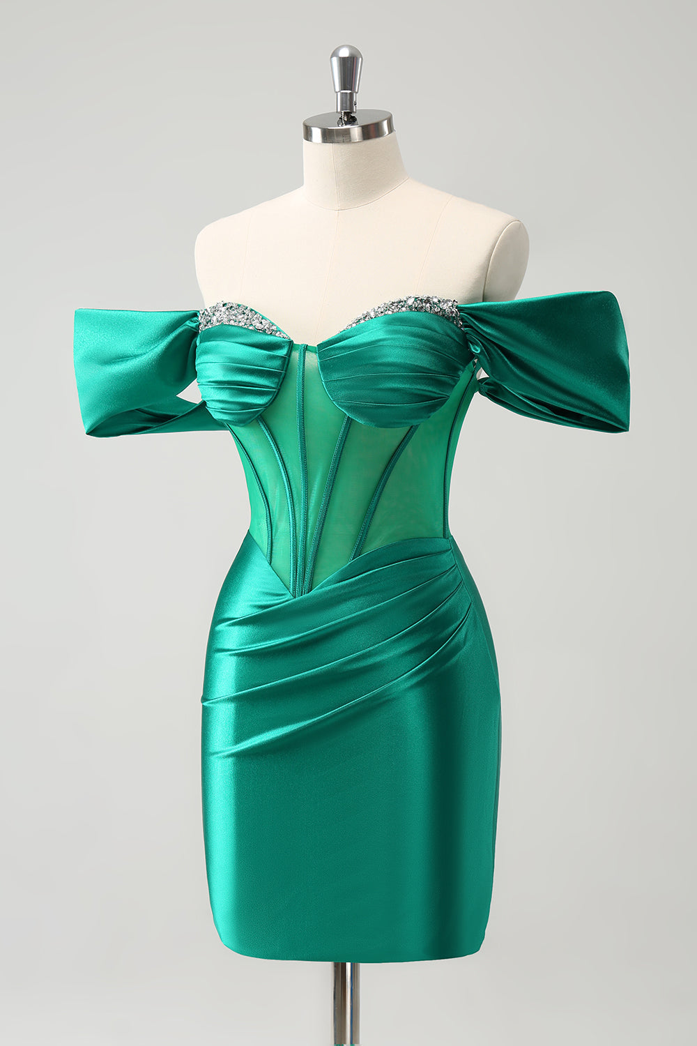 Green Off the Shoulder Satin Tight Homecoming Dress with Beading