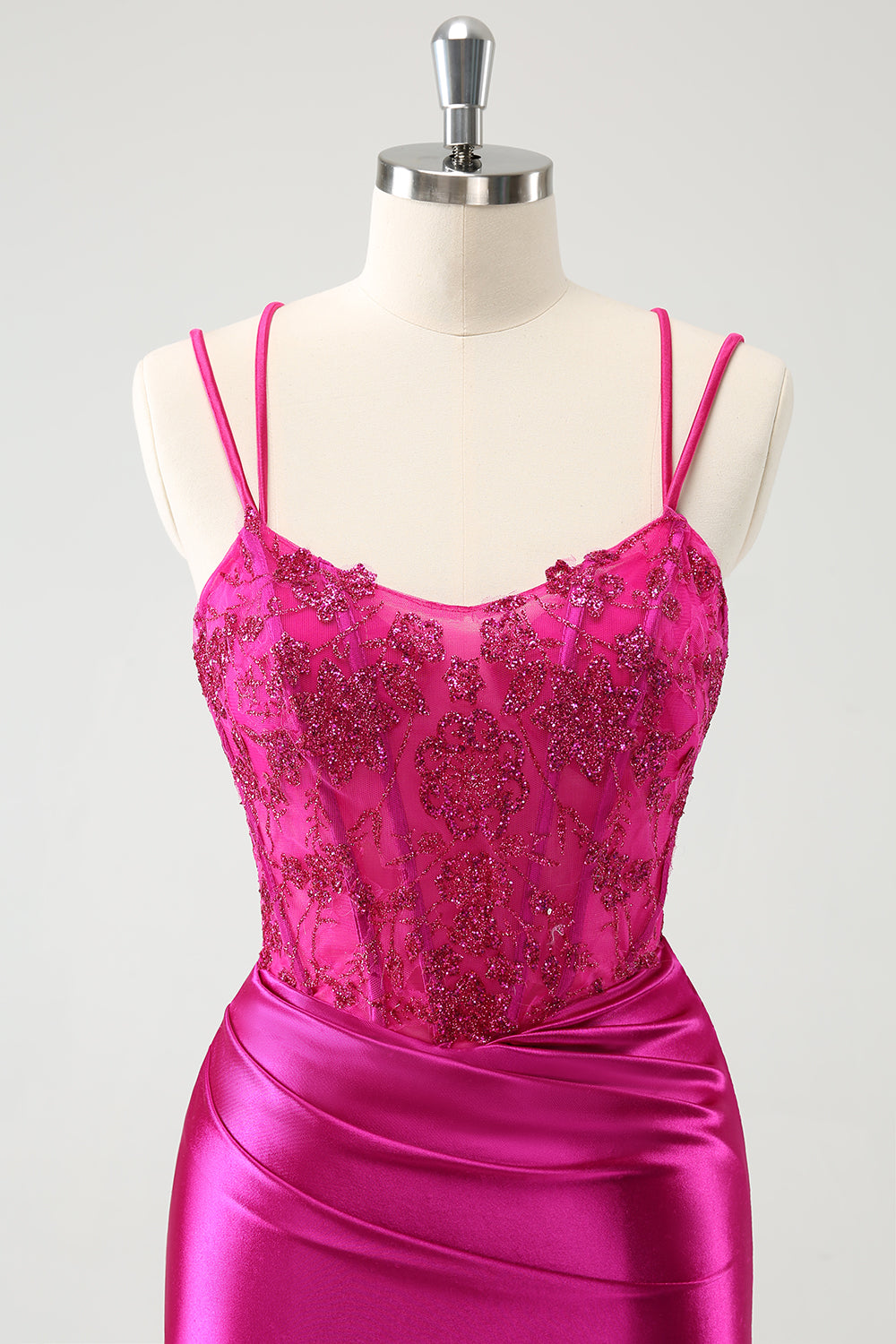 Fuchsia Bodycon Spaghetti Straps Beaded Satin Short Homecoming Dress