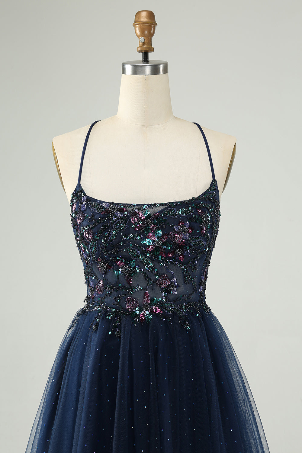 Glitter Navy A-Line Sequined Tulle Homecoming Dress