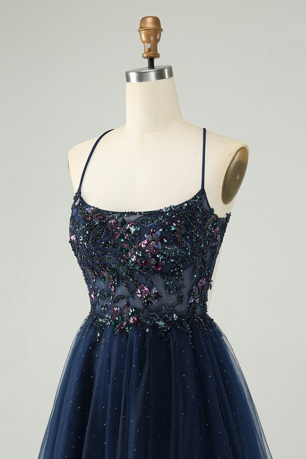 Glitter Navy A-Line Sequined Tulle Homecoming Dress