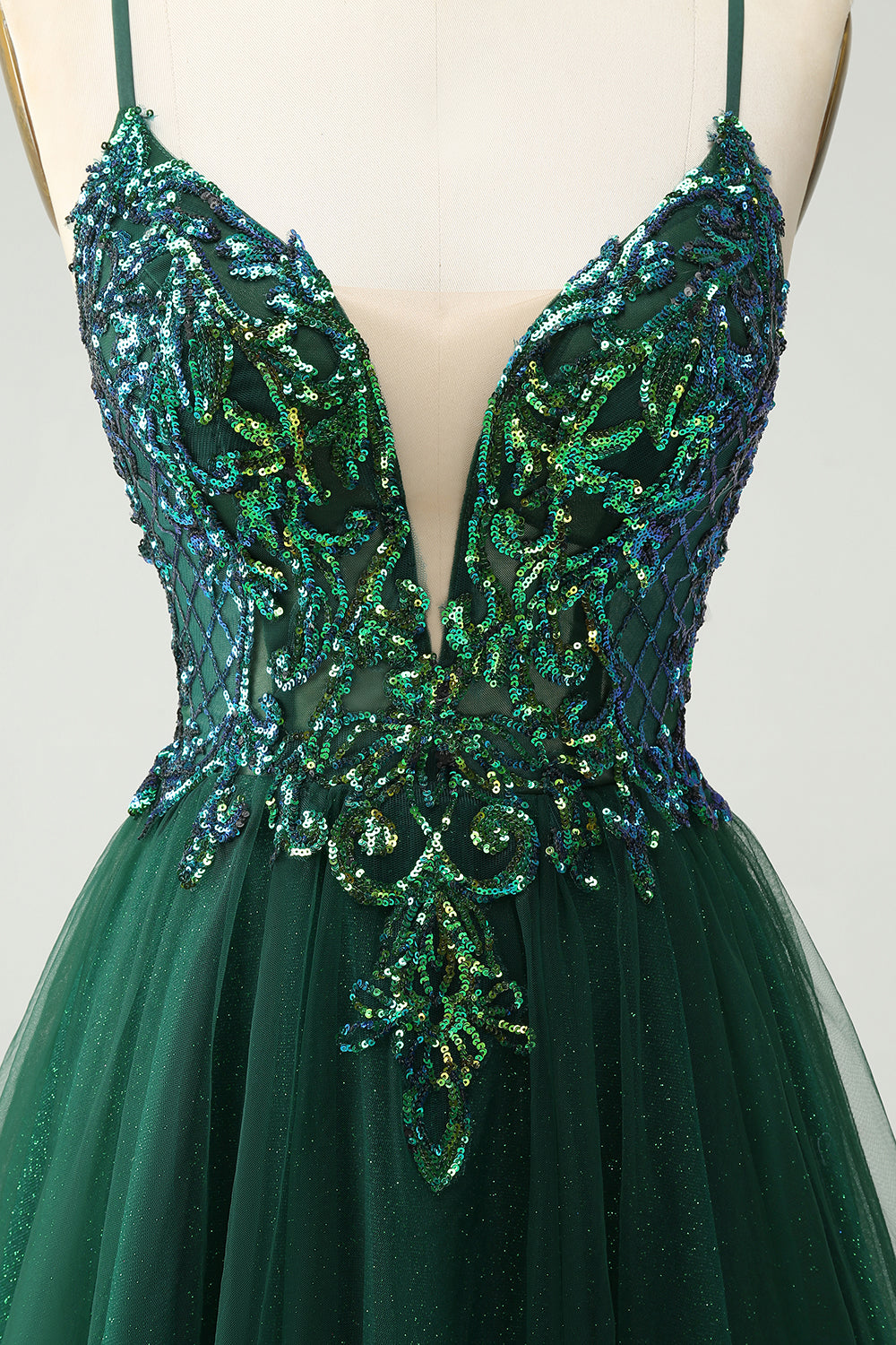 Glitter Dark Green A-Line Sequined Appliques V Neck Homecoming Dress