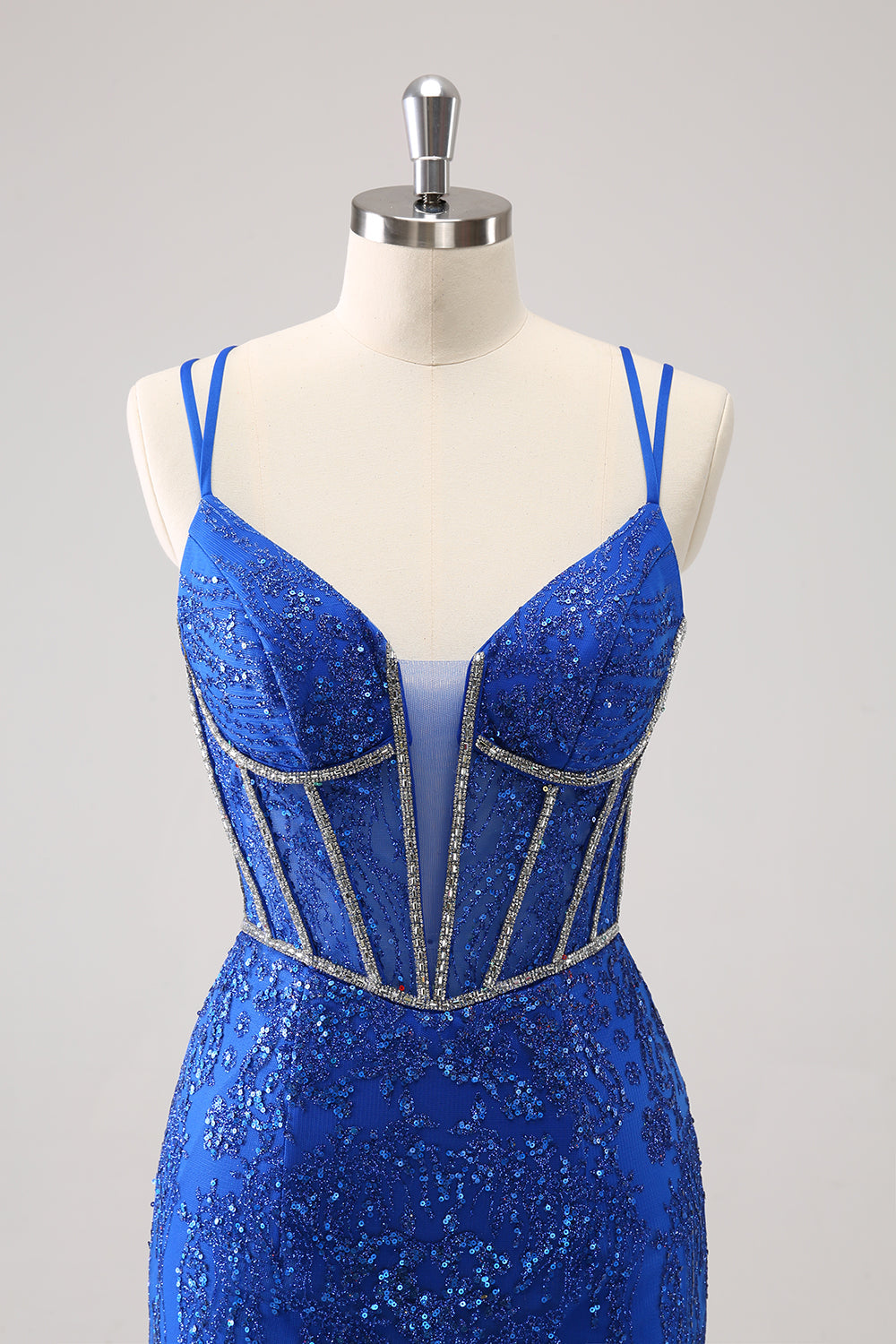 Sparkly Royal Blue Spaghetti Straps Corset Tight Homecoming Dress with Sequins