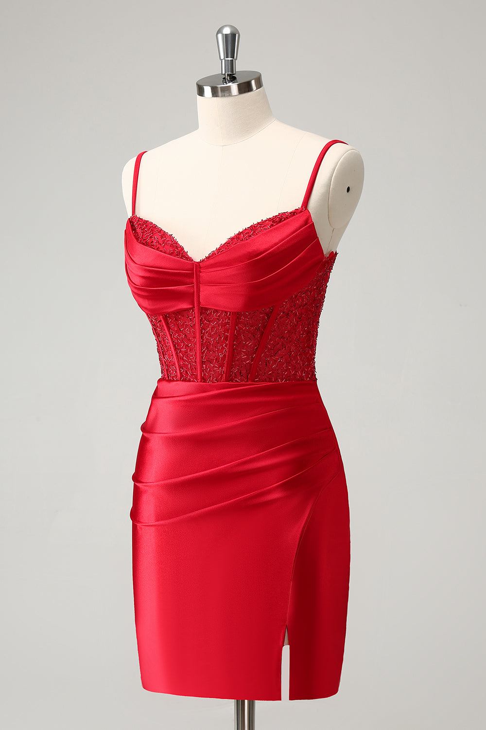 Stylish Red Bodycon Spaghetti Straps Corset Satin Homecoming Dress with Slit