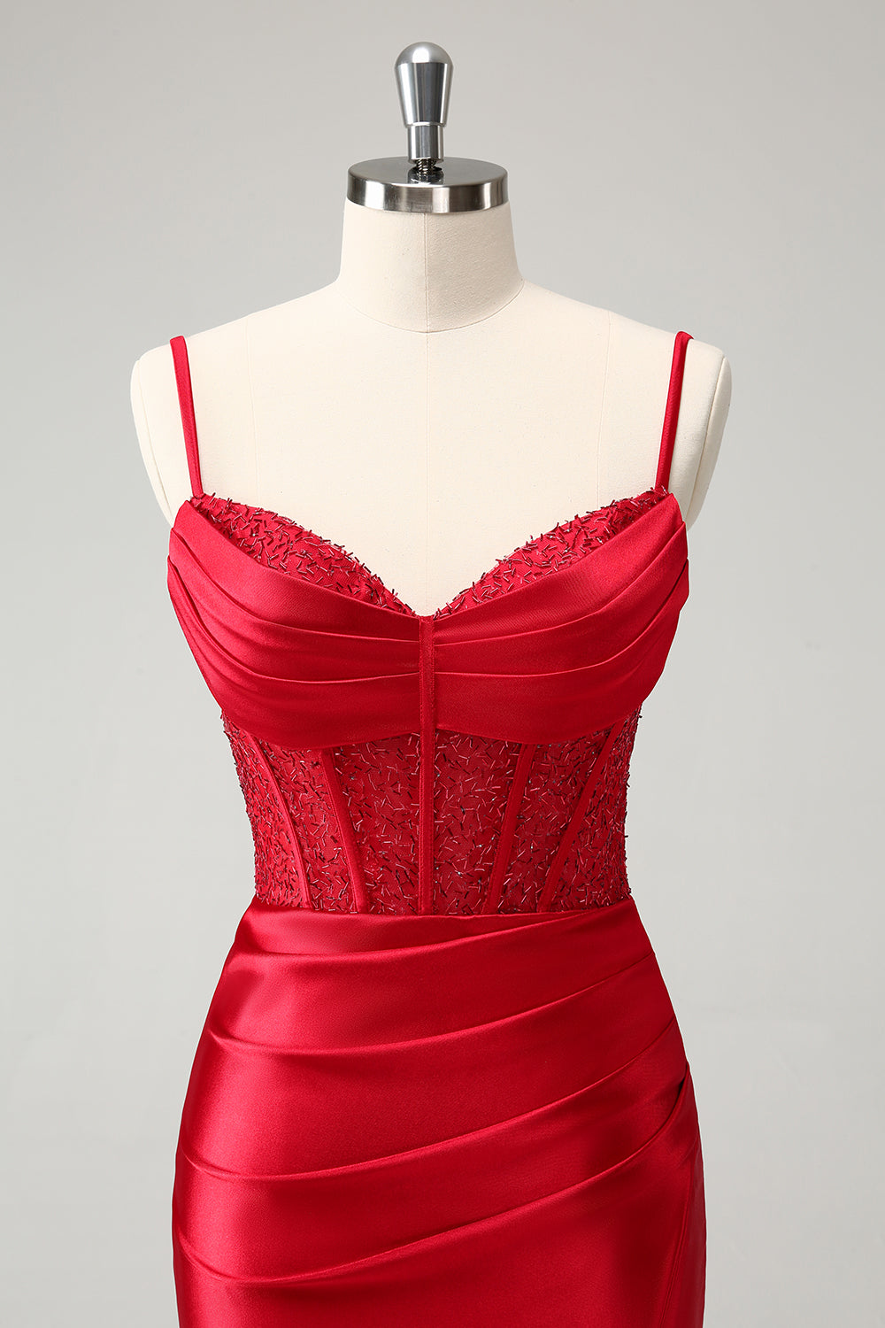 Stylish Red Bodycon Spaghetti Straps Corset Satin Homecoming Dress with Slit