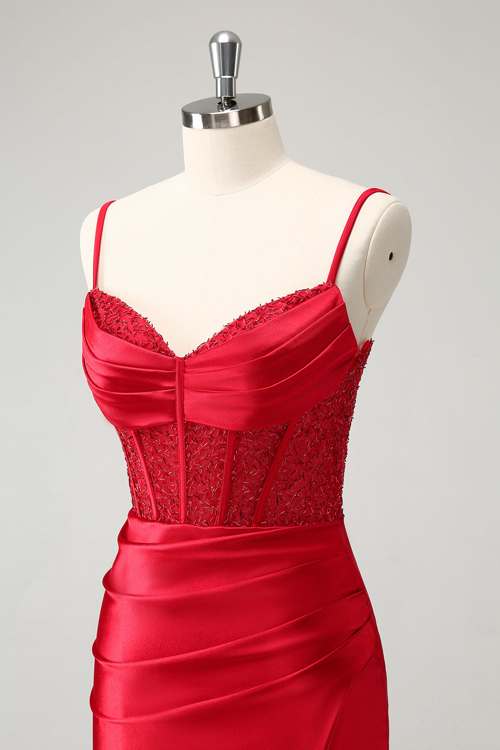 Stylish Red Bodycon Spaghetti Straps Corset Satin Homecoming Dress with Slit