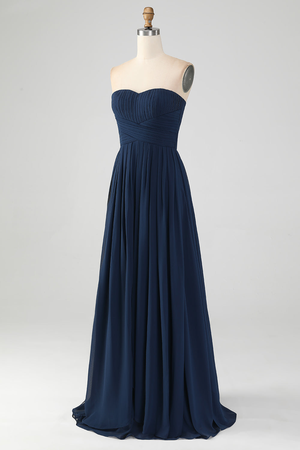 Navy A Line Sweetheart Pleated Long Bridesmaid Dress