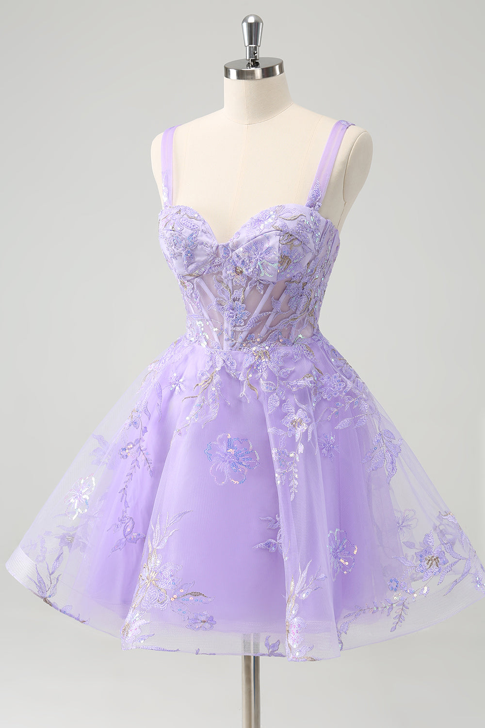 Sparkly Lilac Corset A Line Floral Short Homecoming Dress