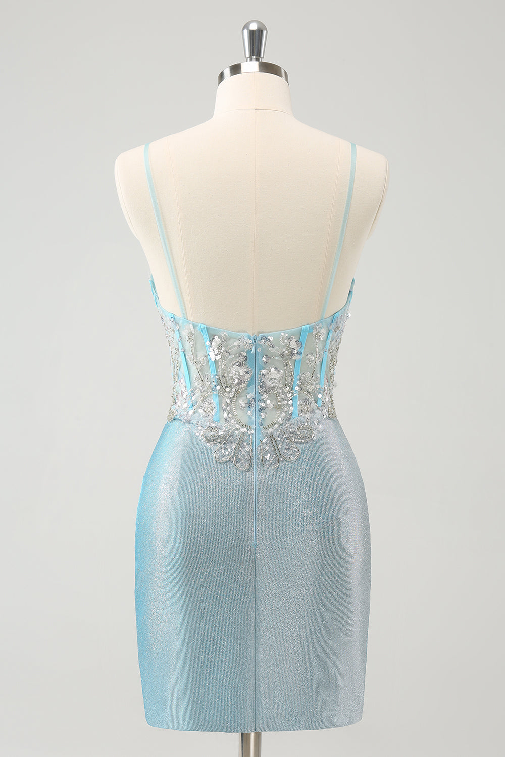 Light Blue Spaghetti Straps Tight Corset Short Homecoming Dress with Sequins