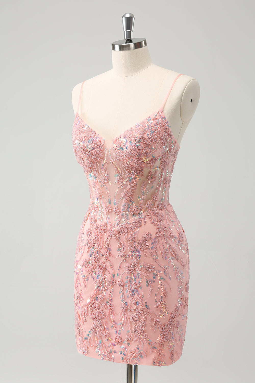 Glitter Blush Spaghetti Straps Tight Short Homecoming Dress with Beading