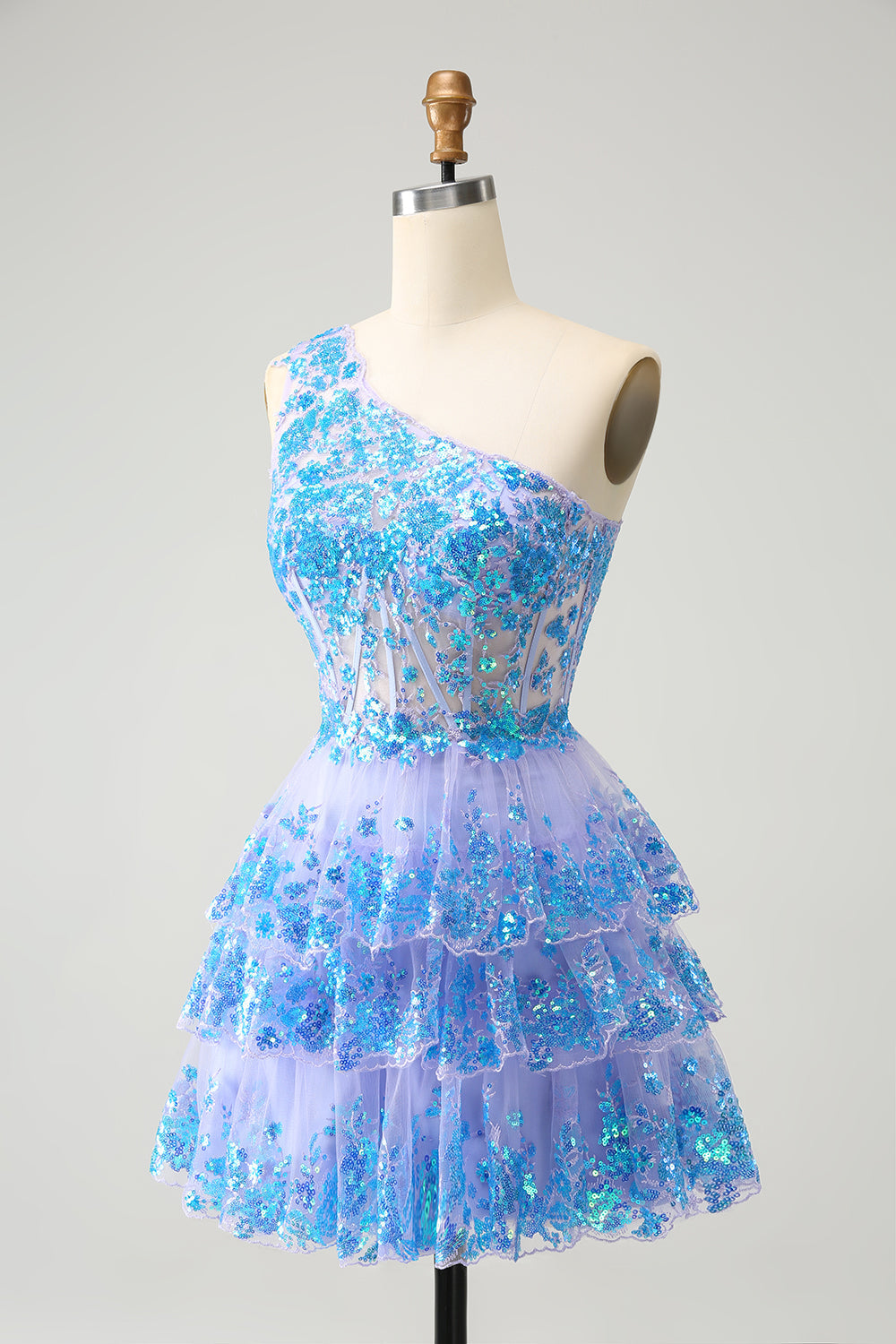 Sparkly Light Blue A-Line One Shoulder Tiered Sequined Homecoming Dress