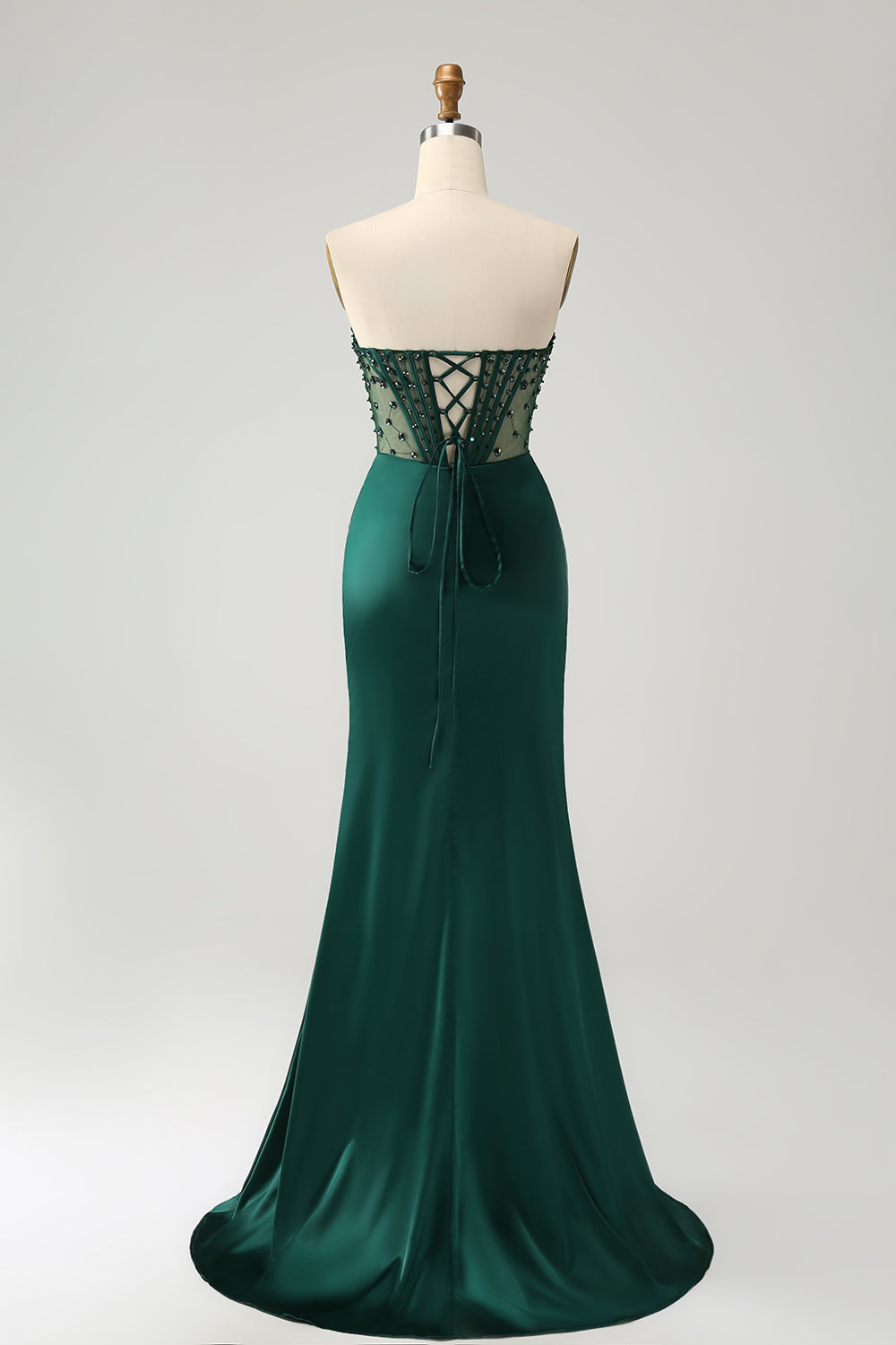 Sparkly Dark Green Mermaid Strapless Beaded Corset Long Prom Dress with Slit