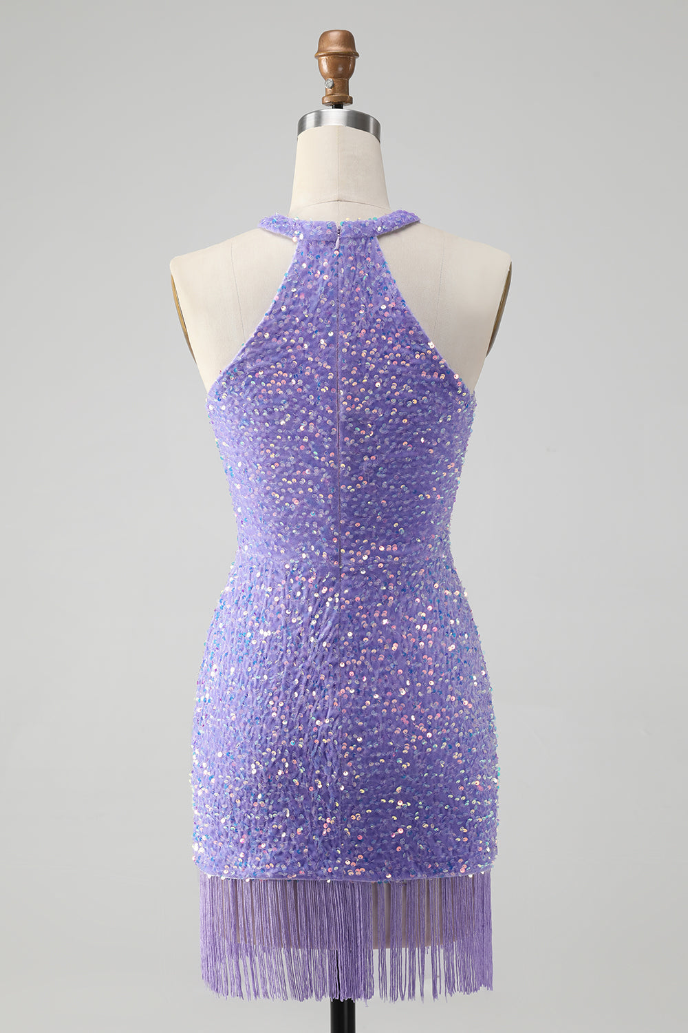 Sparkly Lilac Bodycon Halter Tassel Short Homecoming Dress with Sequins