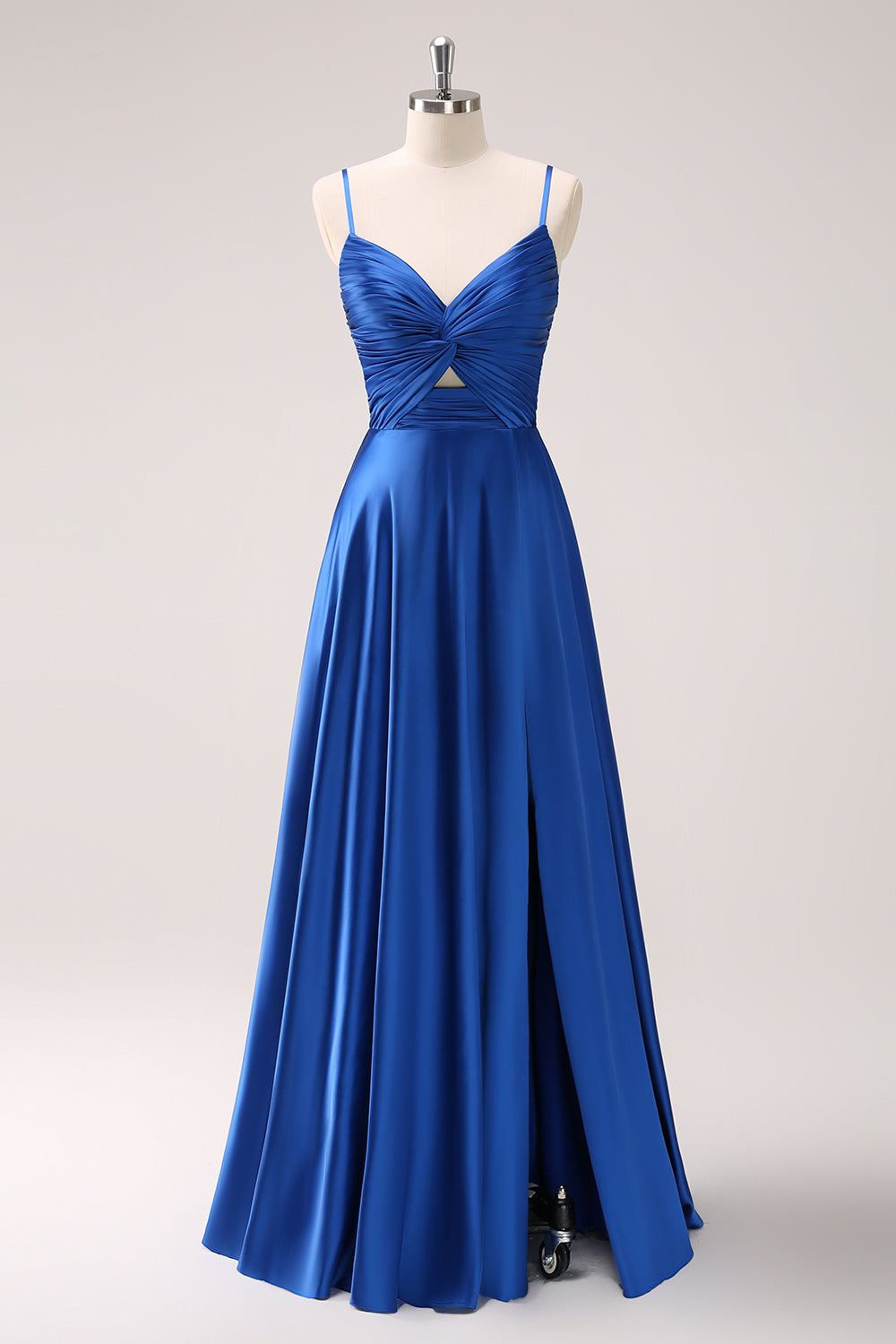 Spaghetti Straps Satin Ink Blue Long Bridesmaid Dress with Slit