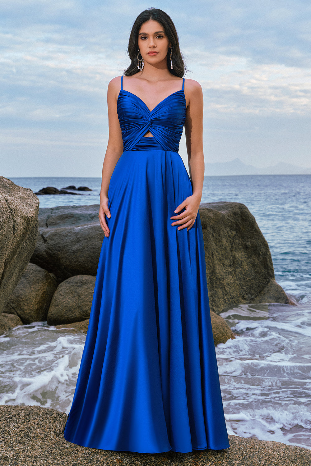 Spaghetti Straps Satin Ink Blue Bridesmaid Dress with Slit