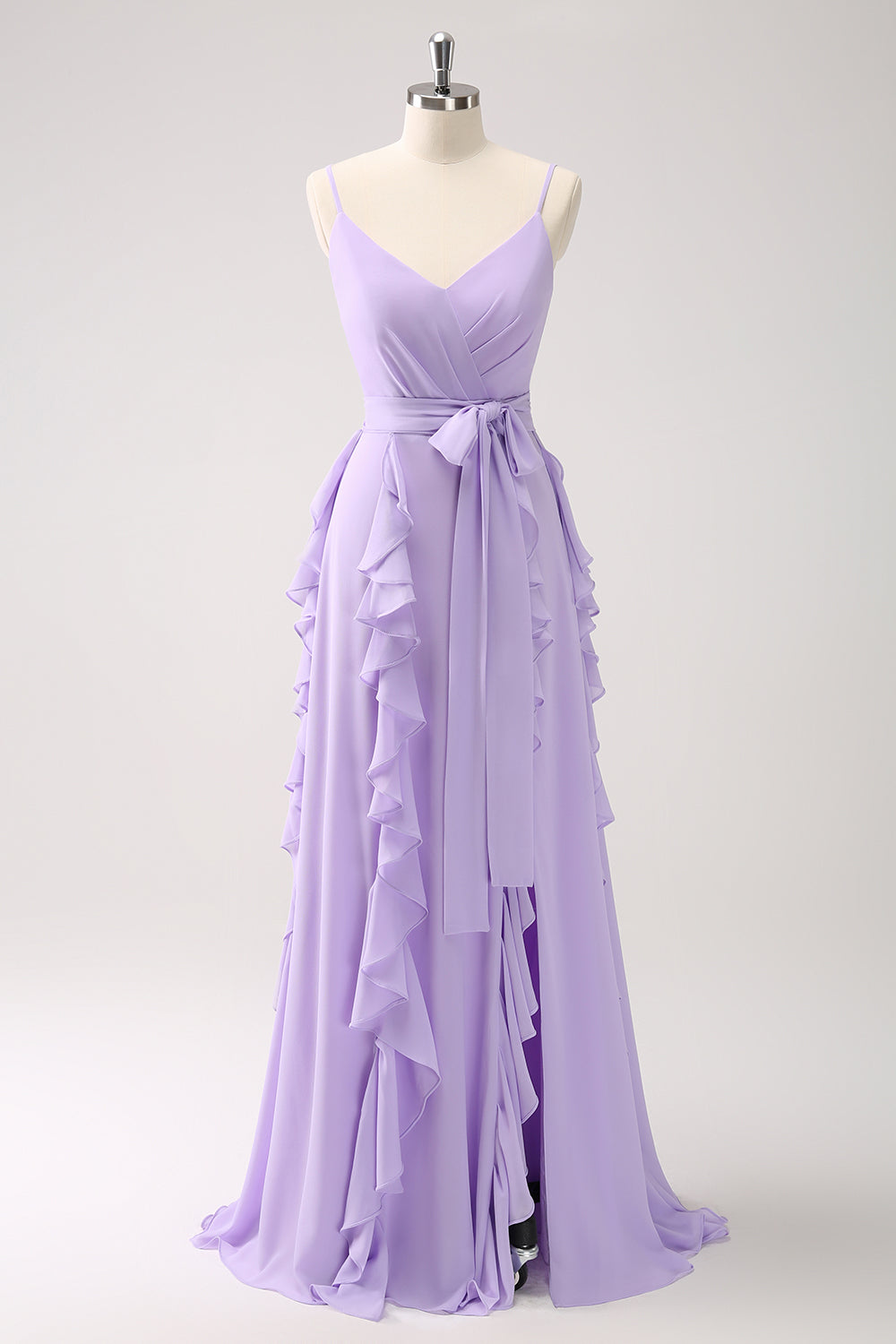 Lilac Chiffon Spaghetti Straps Long Bridesmaid Dress With Slit