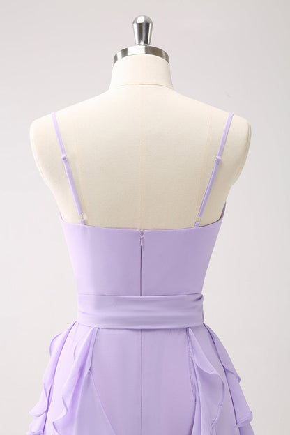 Lilac Chiffon Spaghetti Straps Long Bridesmaid Dress With Slit