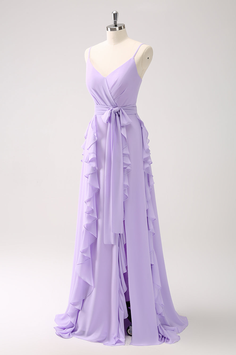 Lilac A-Line Chiffon Ruffled Bridesmaid Dress with Slit