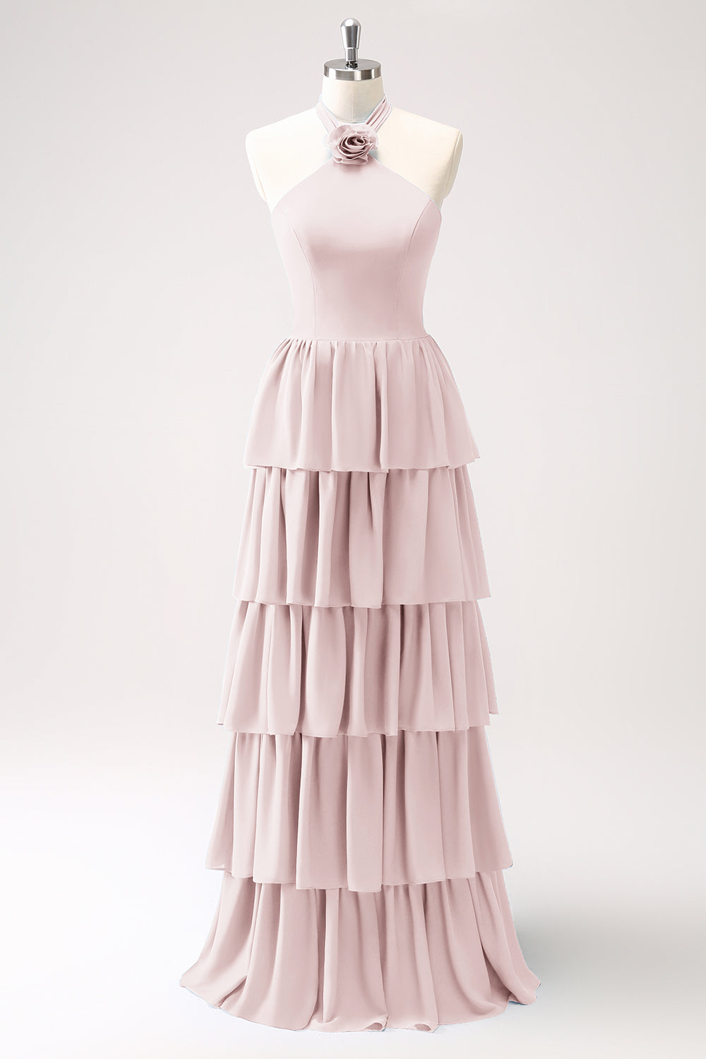 Blush Pink Tiered Chiffon Bridesmaid Dress with Flower