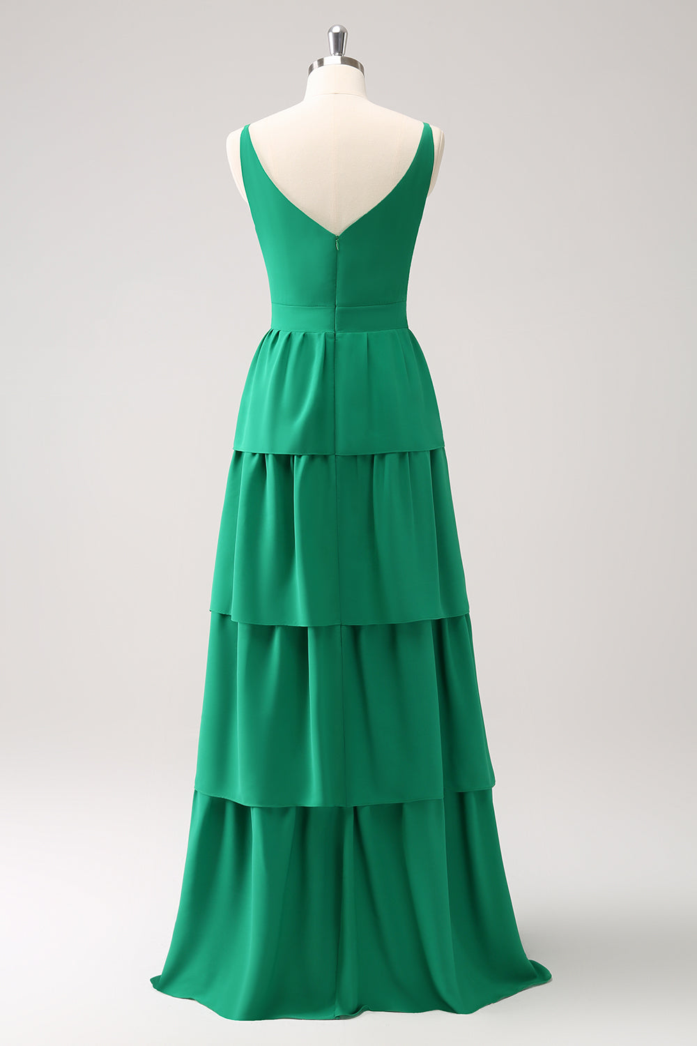 Green A-Line V-Neck Tiered Long Bridesmaid Dress