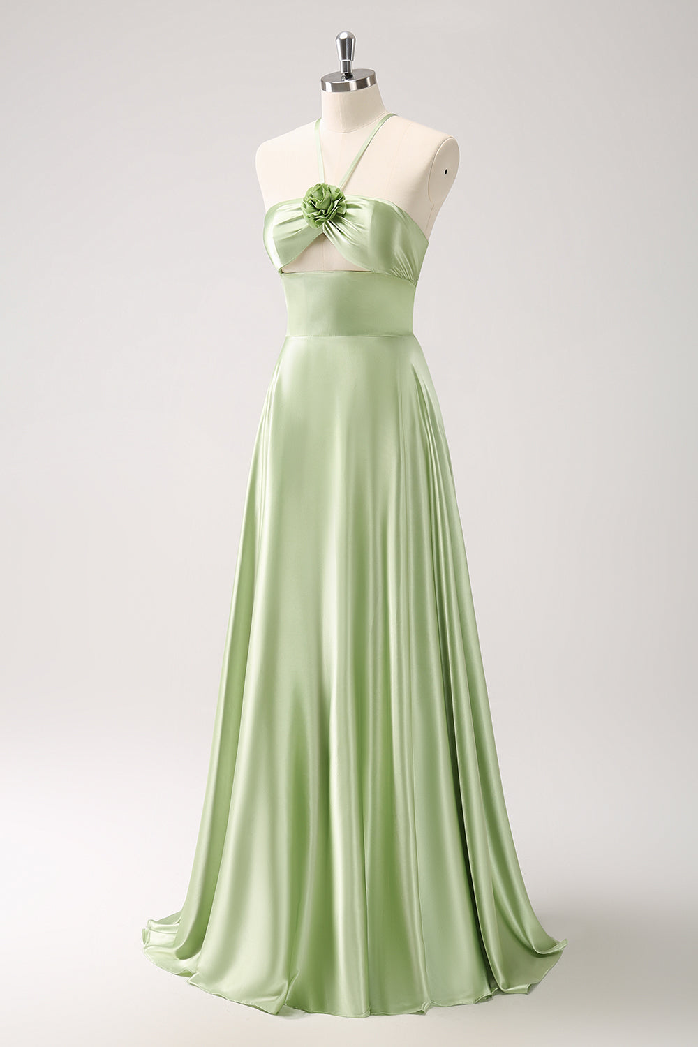 Light Green A-Line Halter Hollow Out Satin Bridesmaid Dress with Flower