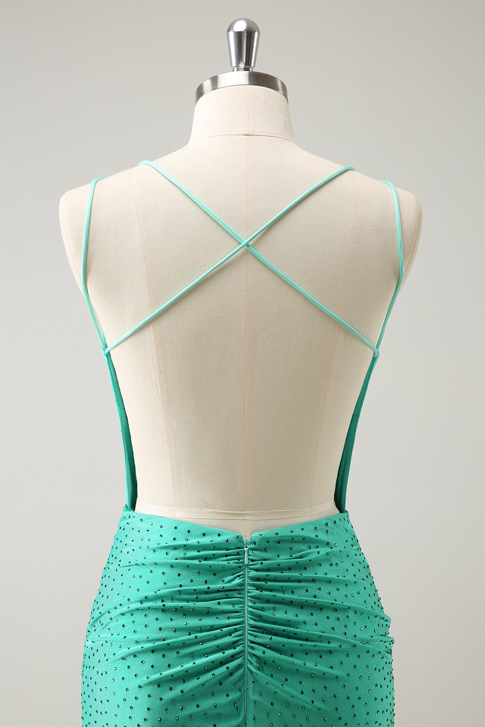 Green Spaghetti Straps Backless Tight Homecoming Dress with Beading