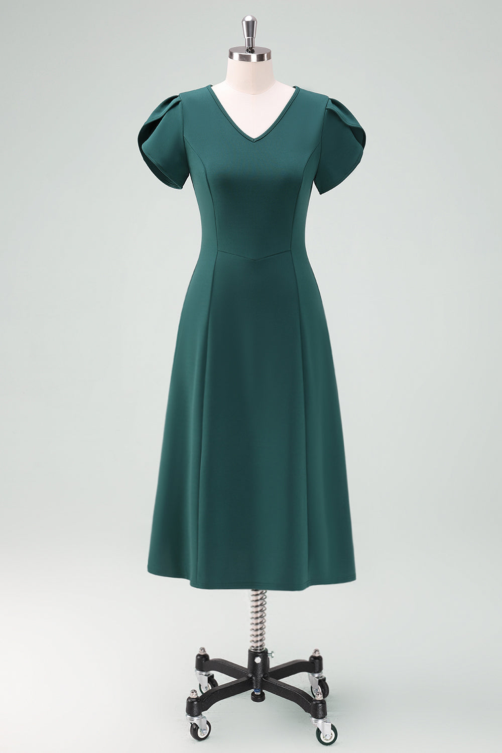 V-Neck Dark Green Cocktail Dress with Short Sleeves