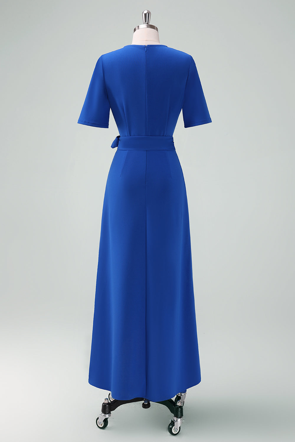 Royal Blue V-Neck Long Cocktail Dress with Short Sleeves