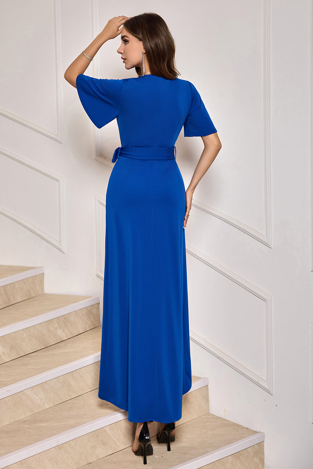 Royal Blue V-Neck Long Cocktail Dress with Short Sleeves