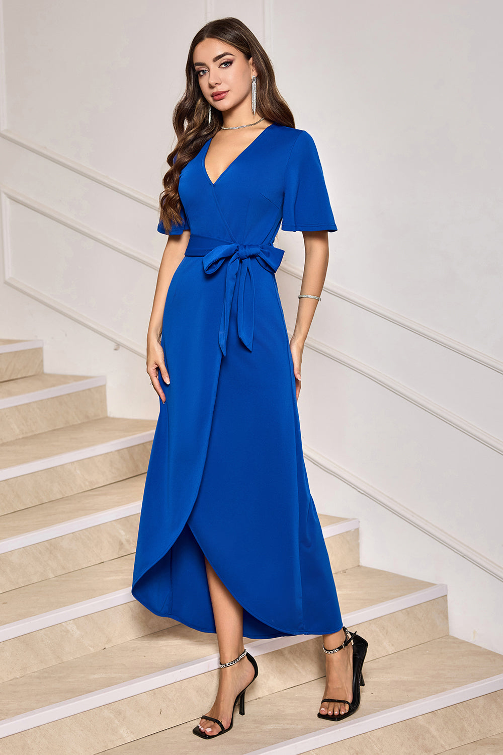 Royal Blue V-Neck Long Cocktail Dress with Short Sleeves