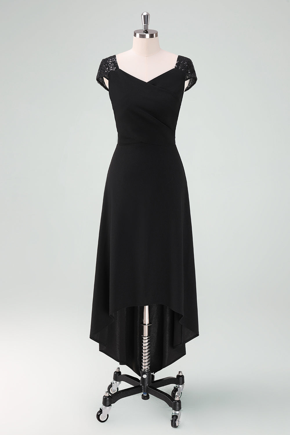 Black V-Neck High-Low Cocktail Dress with Cap Sleeves