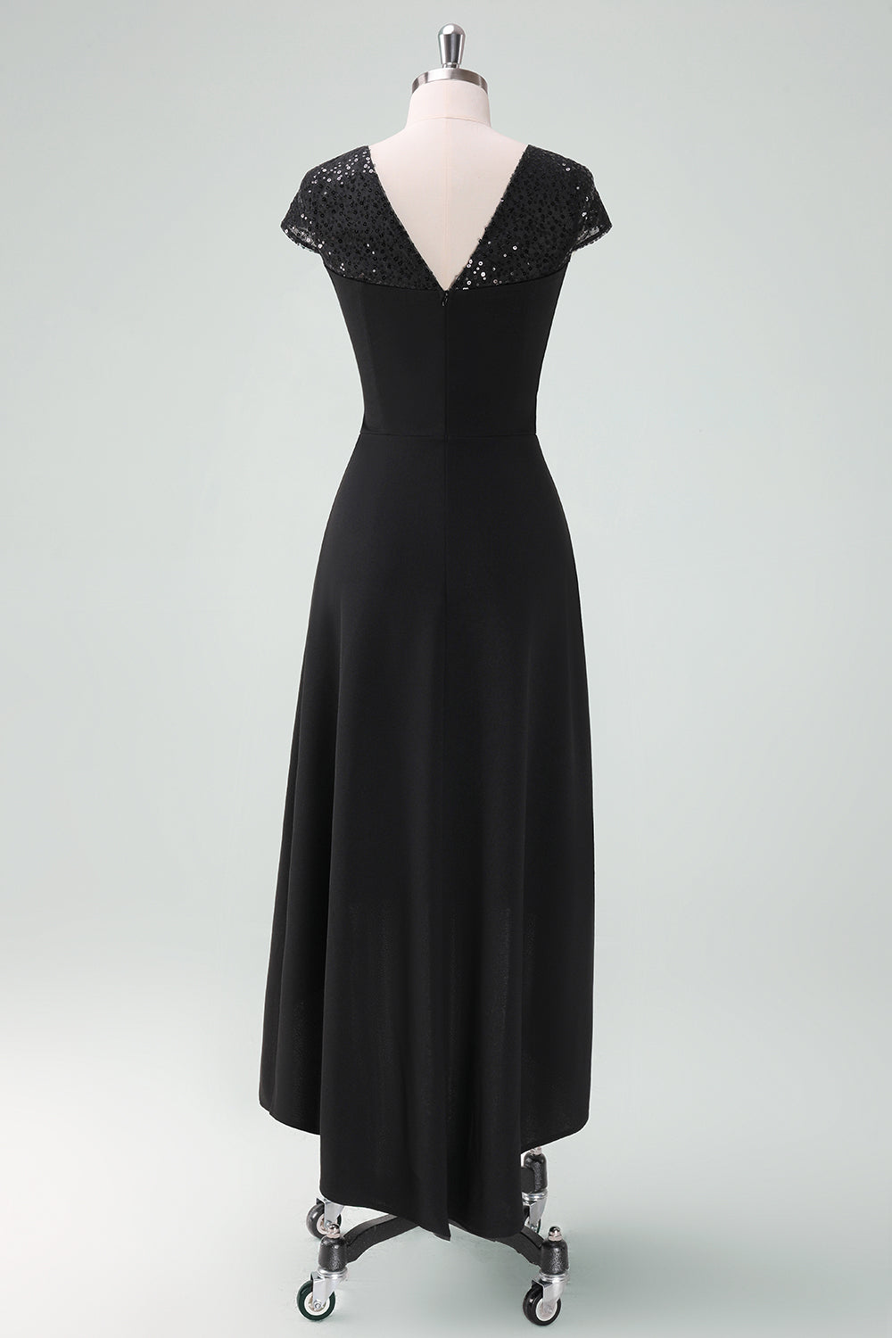 Black V-Neck High-Low Cocktail Dress with Cap Sleeves