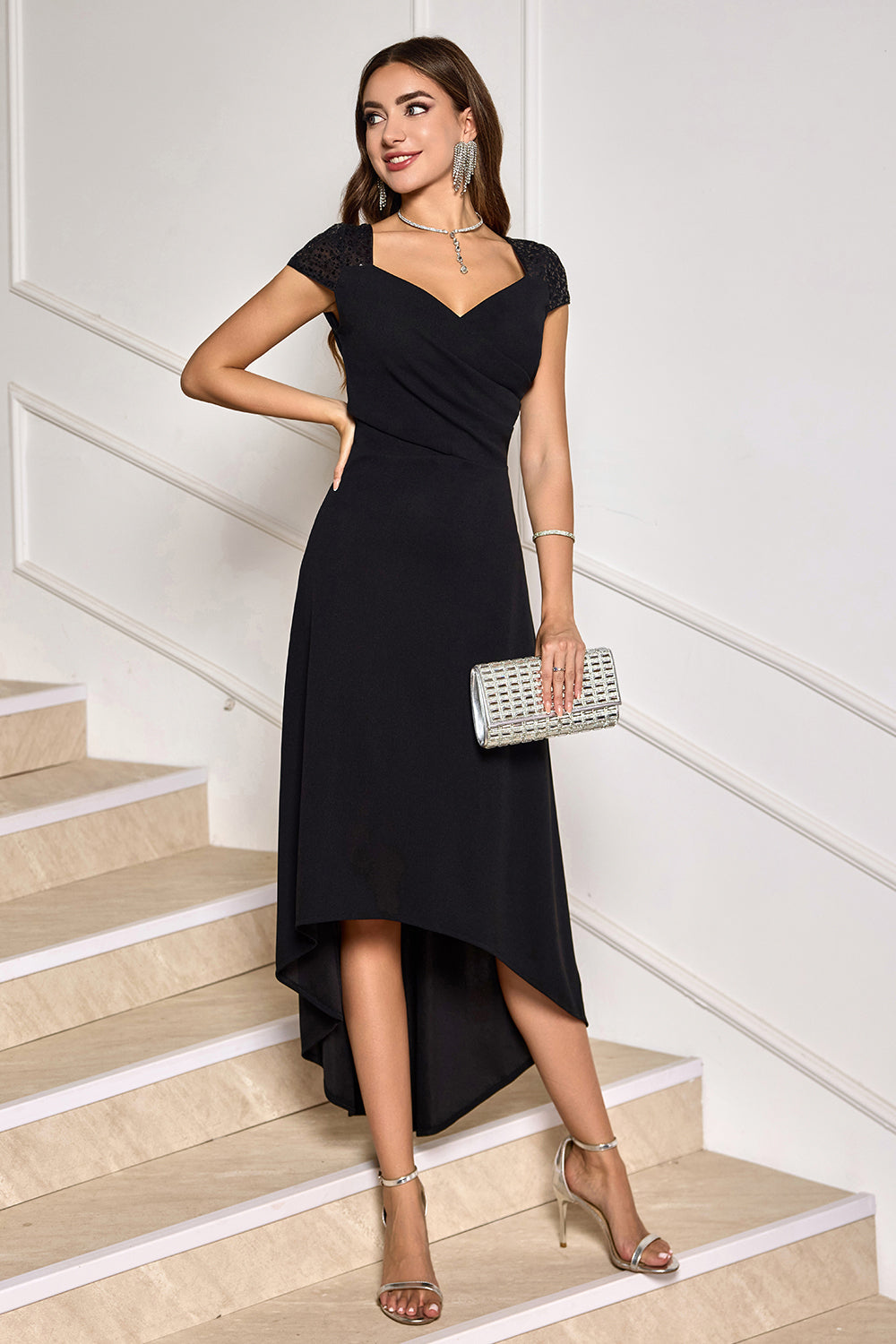 Black V-Neck High-Low Cocktail Dress with Cap Sleeves