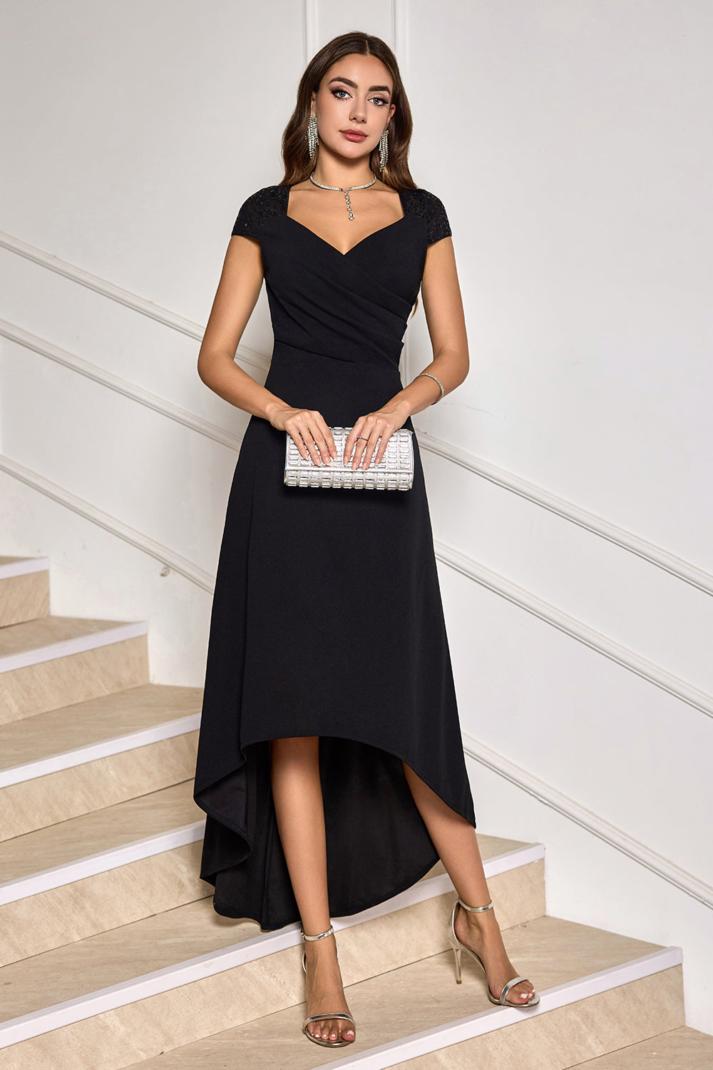 Black V-Neck High-Low Cocktail Dress with Cap Sleeves