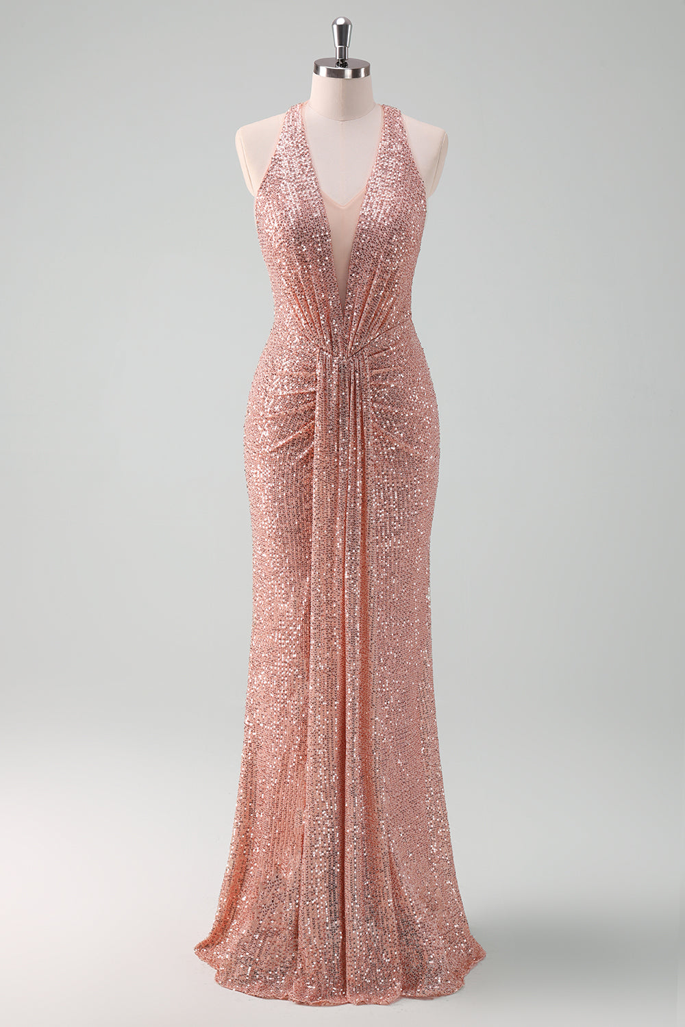 Sparkly Blush V-neck Sequins Mermaid Long Wedding Guest Dress