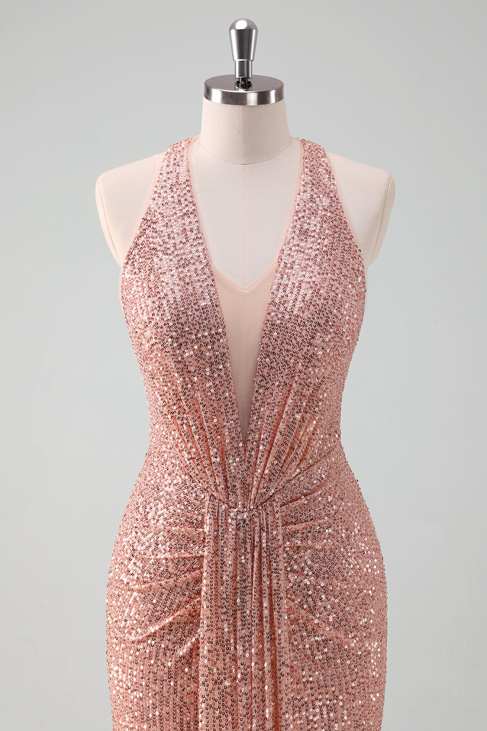 Sparkly Blush V-neck Sequins Mermaid Long Wedding Guest Dress