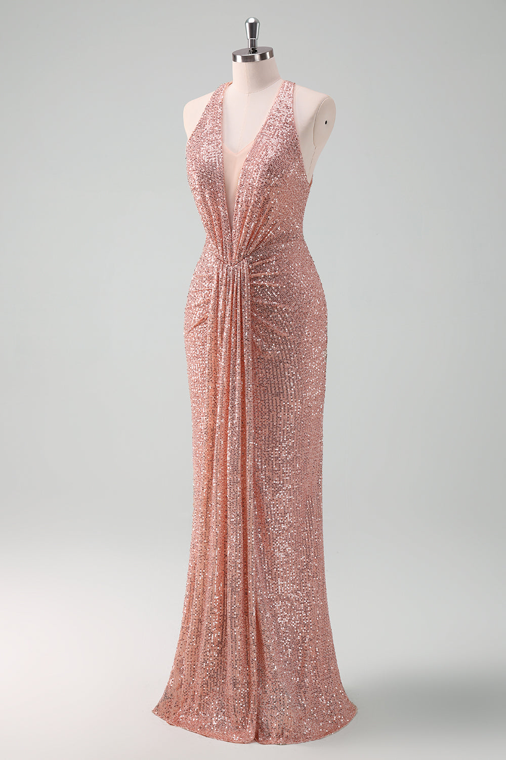 Sparkly Blush V-neck Sequins Mermaid Long Wedding Guest Dress