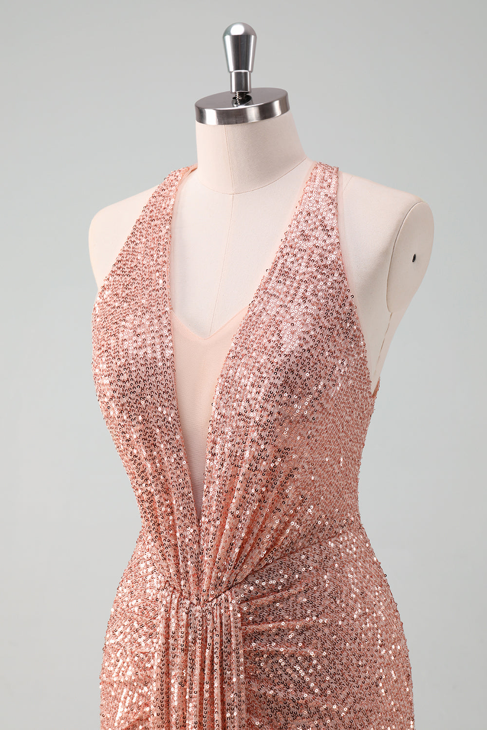 Sparkly Blush V-neck Sequins Mermaid Long Wedding Guest Dress