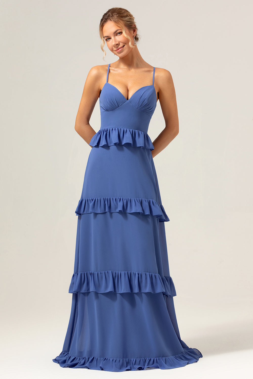 Dark Blue A-Line Spaghetti Straps Tiered Chiffon Long Bridesmaid Dress