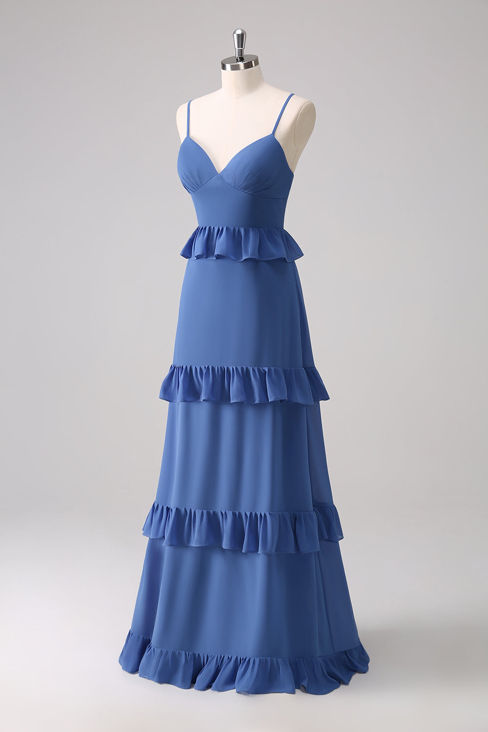 Dark Blue Spaghetti Straps Tiered A-Line Bridesmaid Dress