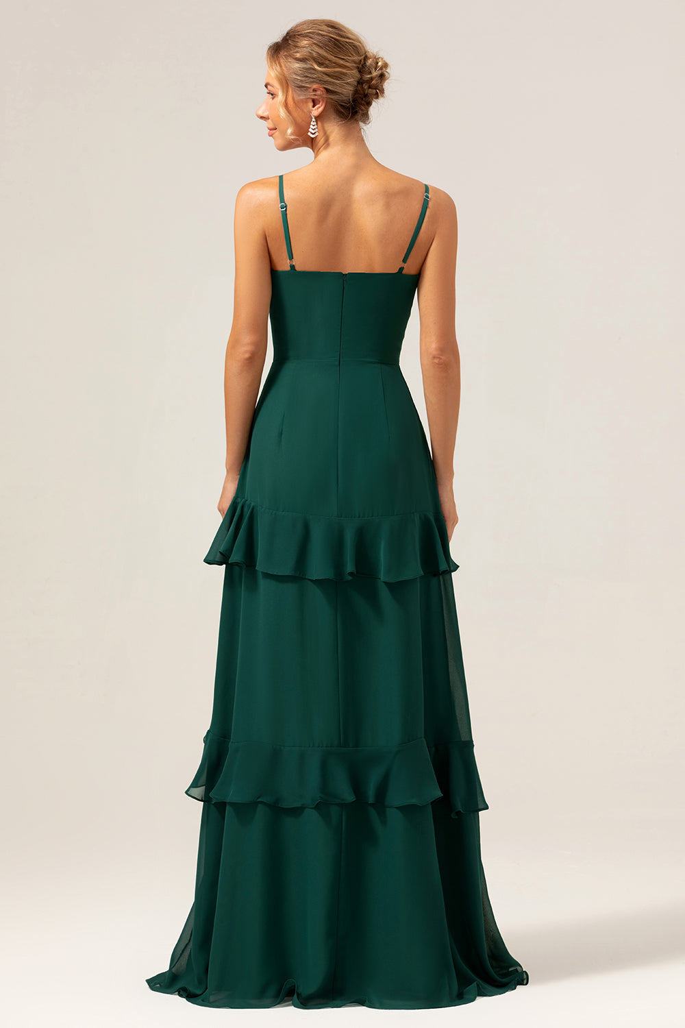 Dark Green A-Line Spaghetti Straps Chiffon Long Bridesmaid Dress with Ruffles