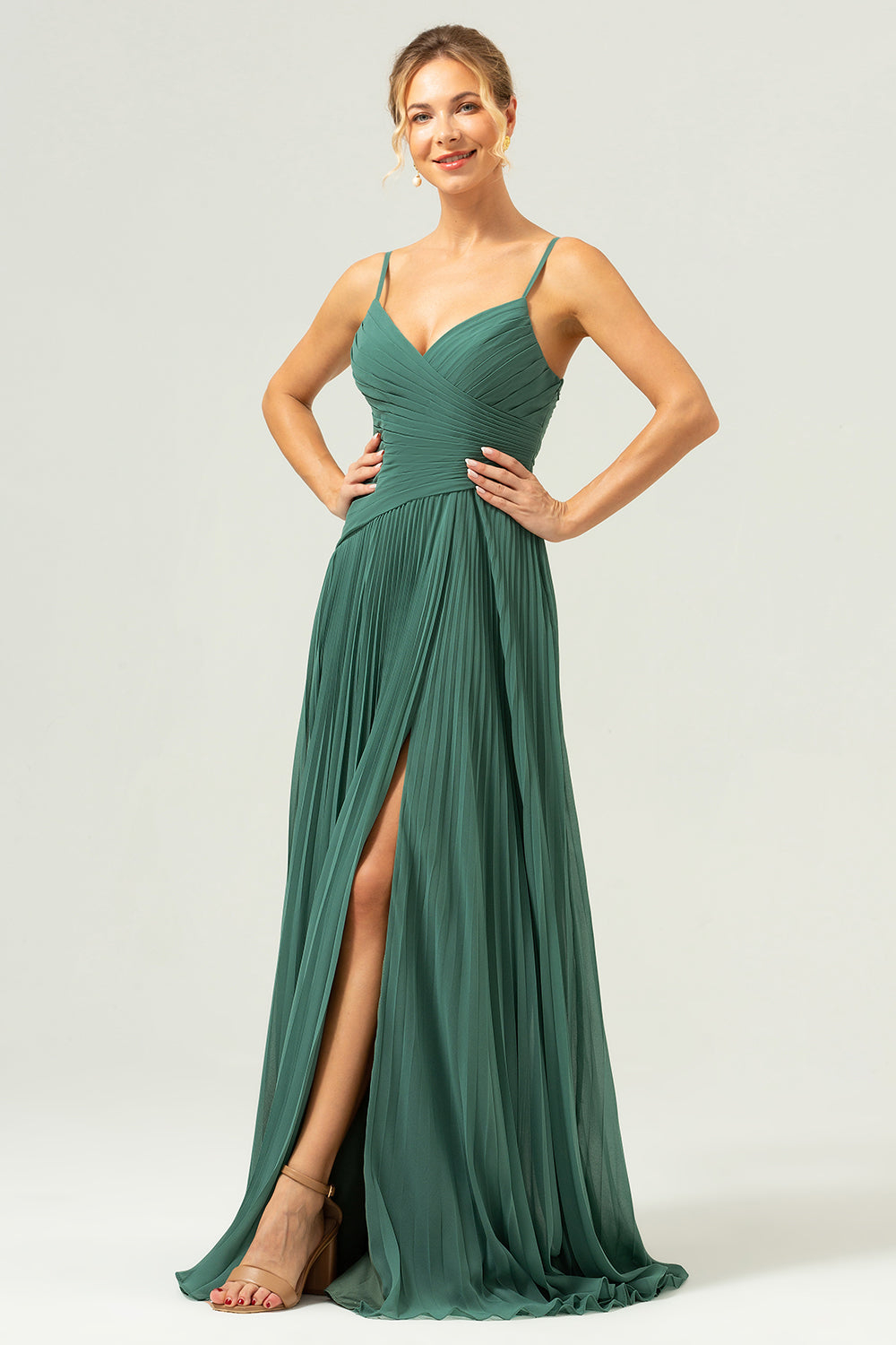 A-Line Spaghetti Straps Pleated Chiffon Eucalyptus Bridesmaid Dress with Slit