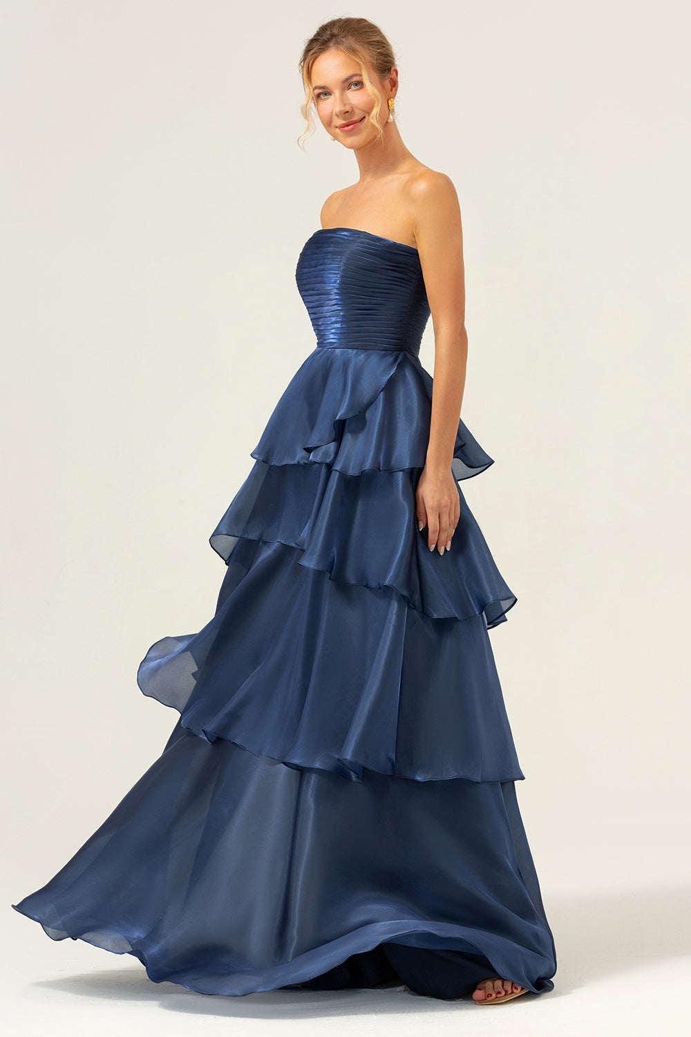 Dark Navy A Line Strapless Tiered Satin Long Prom Dress